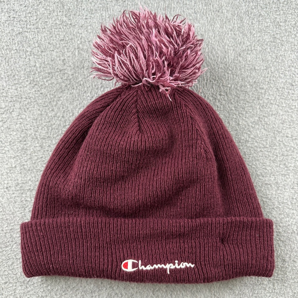 Champion Beanie Unisex OSFA Maroon Pom Pom Knit Sherpa Lined Winter Hat C Logo